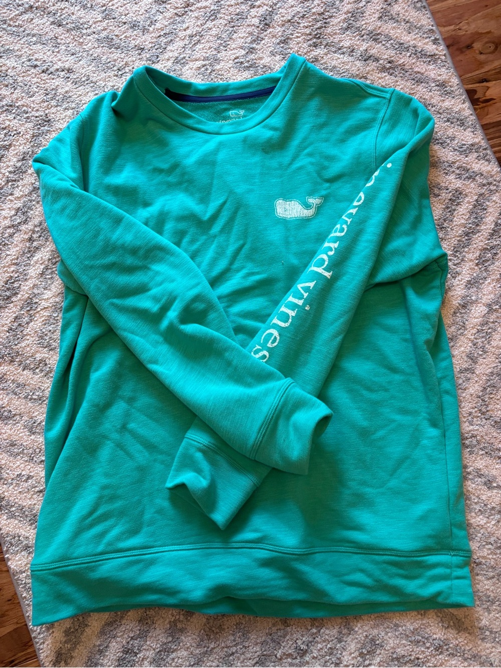 Vineyard Vines Teal Crewneck with White Whale and Sleeve Script